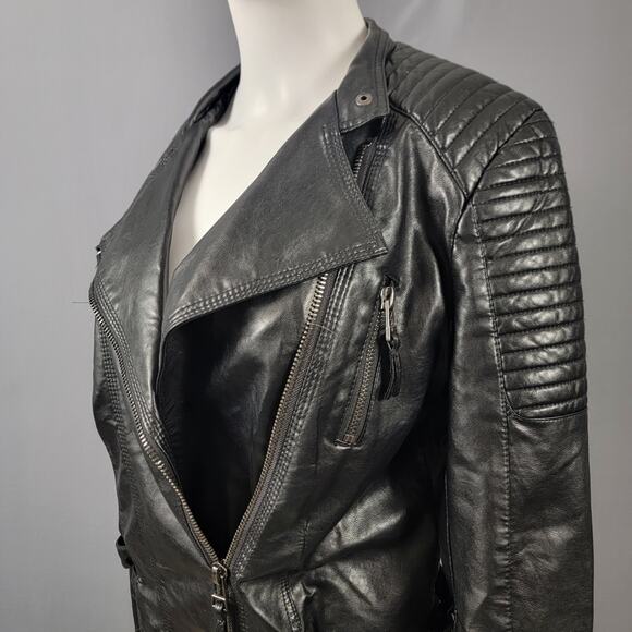 AFTF Basic Black Faux Leather Moto Jacket Quilted Biker Style - Picture 2 of 15